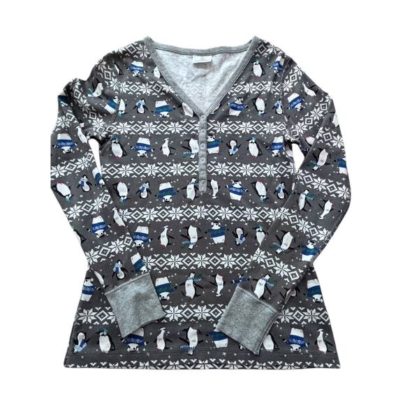 Hanna Andersson Penguin Snowflake Henley Pajama Top Gray Women's Small Excellent - Picture 1 of 7